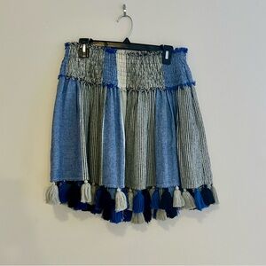 Apiece Apart Striped Mini Skirt Tassels Blue White Smocked Silk Size 4 Boho